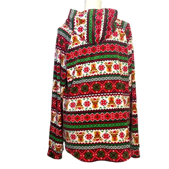 Ugly Christmas Sweater Hoodie Fair Isle Print Velvety Velour Front Pocket OS - Picture 3 of 14